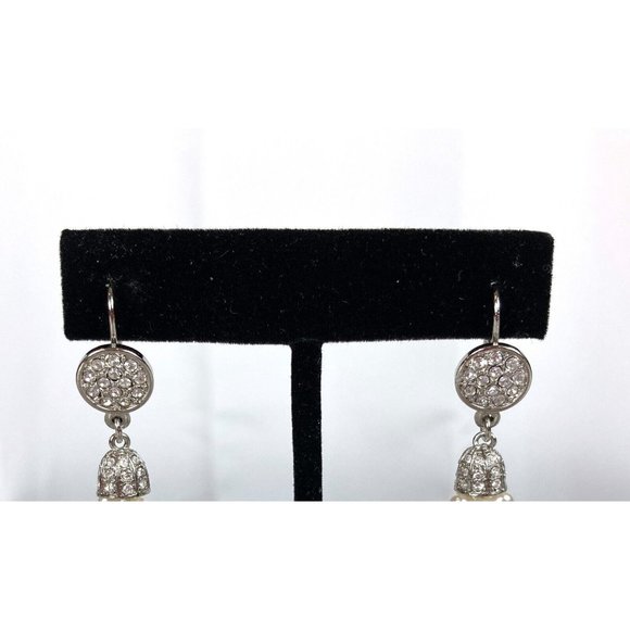 Faux Pearl Drop Dangle Pave Stones Pierced Earrings Lever Back Closure - Picture 6 of 7